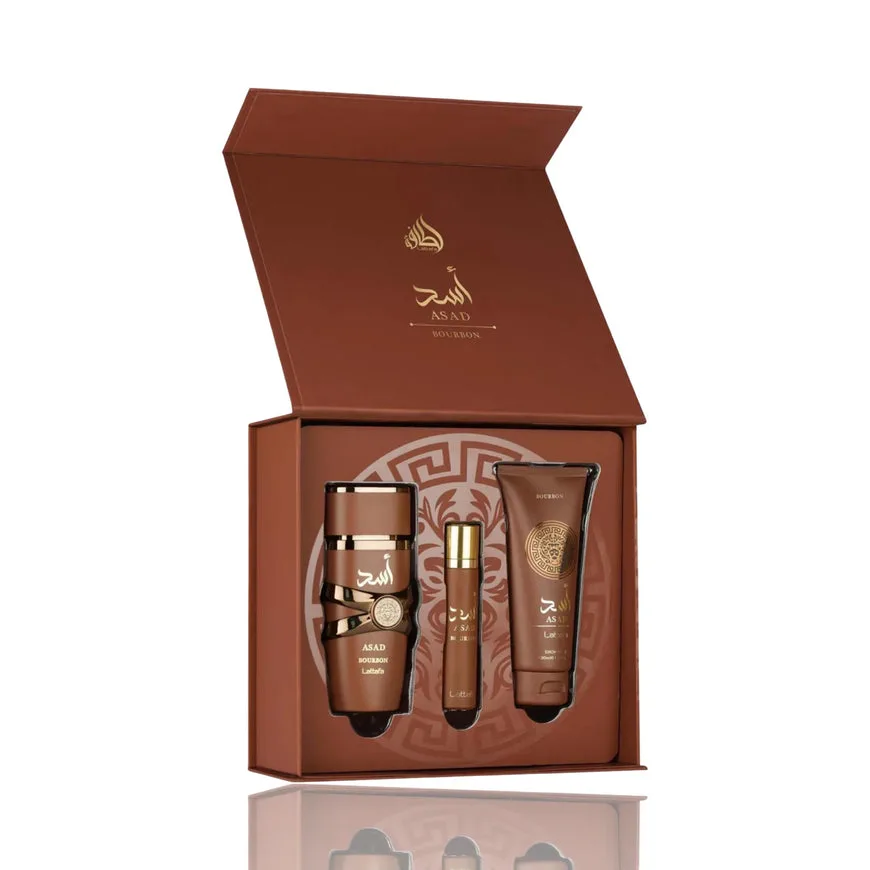 Lattafa Asad Bourbon Gift Set 3 Pieces 3.4 oz Eau de Parfum Spray + 12 ml Eau de Parfum Spray + 3.4 oz Shower Gel (Men)
