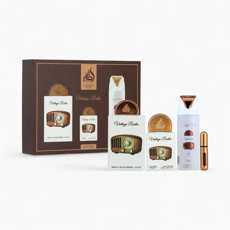 Lattafa Pride Vintage Radio Gift Set 3 Pieces 3.4 Eau de Parfum Spray + 20 ml Eau de Parfum Spray + 6.7 Body Spray (Unisex)